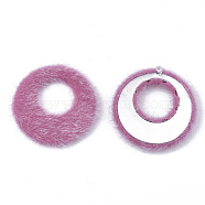 Faux Mohair Pendants, with Aluminum Bottom, Flat Round, Platinum, Hot Pink, 43~44x40.5~41.5x4.5~5mm, Hole: 1mm(X-WOVE-S118-02H)