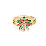 Cubic Zirconia Flower Adjustable Ring, Real 18K Gold Plated Brass Jewelry for Women, Cadmium Free & Lead Free, Colorful, US Size 7 1/4(17.5mm)(RJEW-S049-011G)