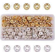 Brass Rhinestone Spacer Beads, Grade B, Rondelle, Clear, Golden & Silver, 10x4mm, Hole: 2mm, 200pcs/color, 400pcs/box(RB-PH0008-02)