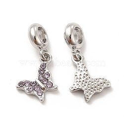 Rack Plating Alloy Rhinestone European Dangle Charms, Large Hole Charms, Butterfly, Platinum, Violet, 25~26.5mm, Butterfly: 15~16x9.5~12.5x2.5mm, Hole: 4.5~5mm(PALLOY-P289-12P-01)