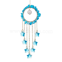 Glass Star Pendant Decorations, with Wire Wrapped Synthetic Turquoise Chips and Natural Cultured Freshwater Pearl, for Home Decorations, 205mm, Hole: 9.7mm(HJEW-JM01247-02)