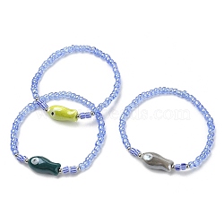 Porcelain Fish & Seed Beaded Stretch Bracelet, Mixed Color, Inner Diameter: 2 inch(5.2cm)(BJEW-JB09615)