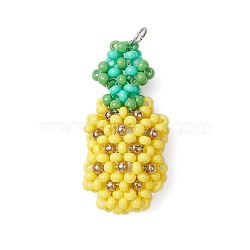 Seed Beads Beaded Charms, with 304 Stainless Steel Jump Rings, Pineapple Pendants, Champagne Yellow, 29x14x10.5mm, Hole: 3.5mm(PALLOY-MZ00338)