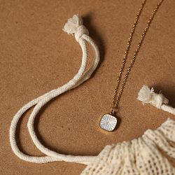 304 Stainless Steel Pave Natural White Shell Square Pendant Necklaces for Women, Golden, 16.14 inch(41cm)(FS-WG6BD04-01)