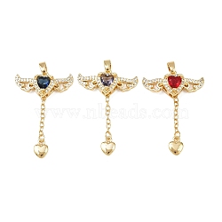 Brass Micro Pave Cubic Zirconia Pendants, Glass Heart & Wings, Rack Plating, Cadmium Free & Lead Free, Long-Lasting Plated, Golden, Mixed Color, 33x23x7mm, Hole: 4x2mm(KK-B161-12G)