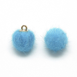 Faux Mink Fur Covered Charms, with Golden Tone Brass Findings, Round, Deep Sky Blue, 21x18~19mm, Hole: 2mm(WOVE-S084-38J)
