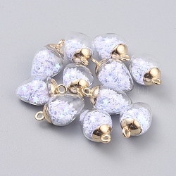 Transparent Glass Pendants, with Plastic Paillette/Sequins Beads inside and CCB Plastic Pendant Bails, teardrop, with Star, Light Gold, White, 24x14mm, Hole: 2mm(GLAA-TAC0002-H13)