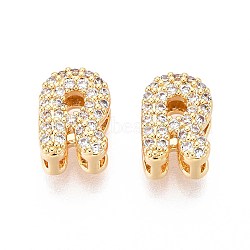 Brass Micro Pave Clear Cubic Zirconia Beads, Letter, Nickel Free, Letter R, 9.5x6.5x5mm, Hole: 3.5X1.8mm(KK-T071-17G-R)