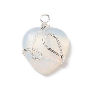 Opalite Pendants, with Silver Tone Copper Wire Wrapped, Heart, 39~41x30~30.5x8.5~9.5mm, Hole: 4~4.2mm