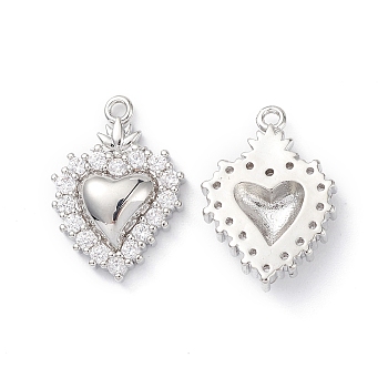 Rack Plating Brass Micro Pave Clear Cubic Zirconia Pendants, Sacred Heart Charms, Long-Lasting Plated, Cadmium Free & Lead Free, Platinum, 16.5x11.5x3.5mm, Hole: 1.2mm