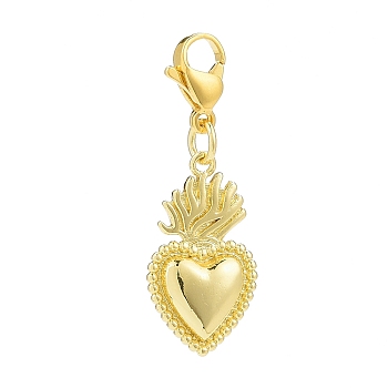 Sacred Heart Brass Pendants Decoations, 304 Stainless Steel Lobster Claw Clasps Charm for Keychain, Golden, 34mm