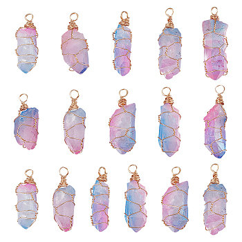 16Pcs Electroplated Raw Rough Natural Quartz Crystal Pendants, Light Gold Plated Copper Wire Wrapped Nuggets Charms, Faceted, Colorful, 32~46x8.5~9.5x8~10mm, Hole: 4mm