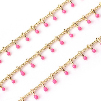 3.28 Feet Handmade Enamel Beaded Chains, with Brass Curb Chains, Soldered, Long-Lasting Plated, Real 18K Gold Plated,Deep Pink, 5.5x1.5~2mm