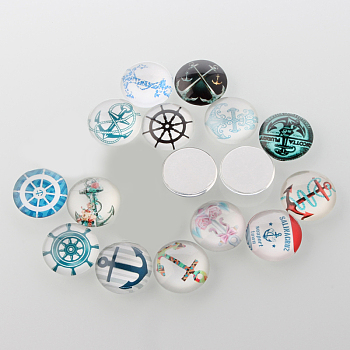 Helm &  Anchor Printed Glass Cabochons, Half Round/Dome, Mixed Color, 12x4mm