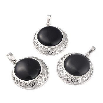 Natural Obsidian Pendants with Hollow Platinum Brass Findings, Flat Round, 33.5x30x6mm, Hole: 8x5mm