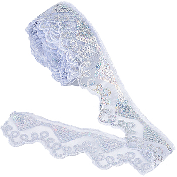 Waved Polyester Lace Trim, with Paillette, White, 2 inch(50mm), about 10 yards/pc