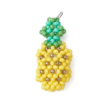 Seed Beads Beaded Charms, with 304 Stainless Steel Jump Rings, Pineapple Pendants, Champagne Yellow, 29x14x10.5mm, Hole: 3.5mm