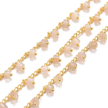 Natural Grey Agate Beaded Chains, with Ion Plating(IP) Brass Chain, Long-Lasting Plated, Soldered, 3x2x0.5mm