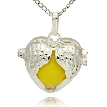 Silver Color Plated Brass Hollow Heart Cage Pendants, with No Hole Spray Painted Brass Ball Beads, Gold, 28x30x16mm, Hole: 3x8mm