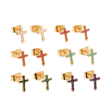 304 Stainless Steel Enamel Stud Earrings, with 316 Surgical Stainless Steel Pin & Glitter Powder, Golden, Cross, Mixed Color, 10x7x1mm, Pin: 0.8mm