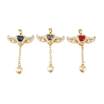 Brass Micro Pave Cubic Zirconia Pendants, Glass Heart & Wings, Rack Plating, Cadmium Free & Lead Free, Long-Lasting Plated, Golden, Mixed Color, 33x23x7mm, Hole: 4x2mm