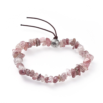 Chip Natural Strawberry Quartz Stretch Bracelets, with Alloy Round Beads, Antique Silver, 1-7/8 inch(4.9cm)