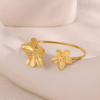304 Stainless Steel Cuff Bangles for Women, Flower, Golden, Inner Diameter: 1.83x2.17 inch(4.65x5.5cm)