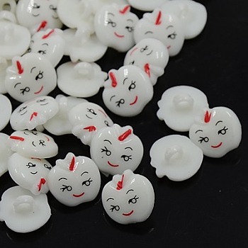 Acrylic Shank Buttons, 1-Hole, Dyed, Apple with Smile Face, White, 14x13x3mm, Hole: 3mm