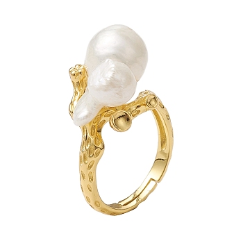 Round Natural Pearl Adjustable Rings, Sterling Silver Finger Rings for Women, Real 18K Gold Plated, Inner Diameter: 17mm