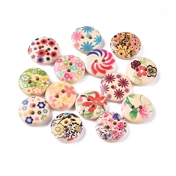 2-Hole Printed Wooden Buttons, for Sewing Crafting, Flat Round, Dyed, Mixed Color, 14.5~15x4mm, Hole: 2mm