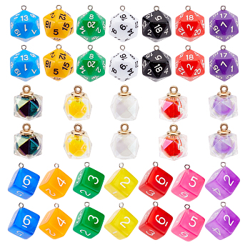 PandaHall Elite 30Pcs 3 Style Acrylic Pendants, with Iron Finding, Dice, Mixed Color, 19.5~28x15~21x14.5~20mm, hole: 2mm, 10pcs/style