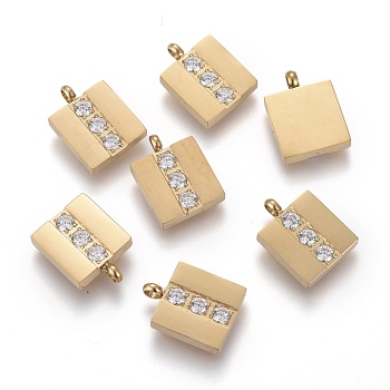 316 Surgical Stainless Steel Micro Pave Clear Cubic Zirconia Charms, Rectangle, Golden, 11.7x8x2mm, Hole: 1.6mm