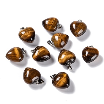 Natural Tiger Eye Pendants, with Platinum Brass Loops, Heart, 18~19x15~15.5x6~8mm, Hole: 6x2.5~3mm