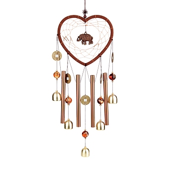 Heart Woven Net/Web Wind Chimes, with Glass Beads and Metal Bell, for Outdoor Garden Home Hanging Decoration, Elephant, 550mm