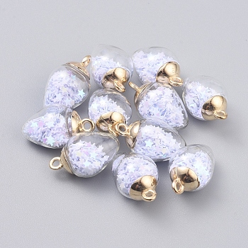 Transparent Glass Pendants, with Plastic Paillette/Sequins Beads inside and CCB Plastic Pendant Bails, teardrop, with Star, Light Gold, White, 24x14mm, Hole: 2mm