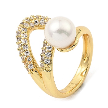 Cubic Zirconia Hollow Teardrop Open Cuff Ring with Plastic Imitation Pearl Beaded, Rack Plating Brass Ring, Cadmium Free & Lead Free, Real 18K Gold Plated, US Size 5 3/4(16.3mm)