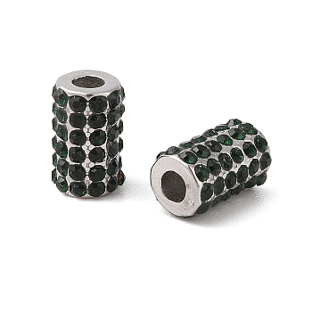 304 Stainless Steel Beads, with Rhinestone, Column, Stainless Steel Color, Emerald, 11x7mm, Hole: 3mm