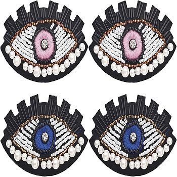 CHGCRAFT 4Pcs 2 Colors Computerized Embroidery Cloth Iron On Patches, Stick On Patch, Costume Accessories, Plastic Beaded Appliques, with Crystal Rhinestone, Eye, Mixed Color, 59x91x9mm, 2pcs/color