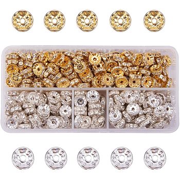 Brass Rhinestone Spacer Beads, Grade B, Rondelle, Clear, Golden & Silver, 10x4mm, Hole: 2mm, 200pcs/color, 400pcs/box