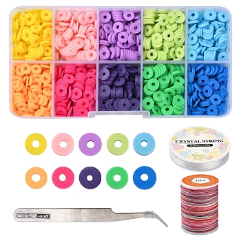 DIY Heishi Surfer Bracelet Making Kit, Including Polymer Clay Disc Beads, Tweezers, Elastic & Polyester Thread, Mixed Color, Beads: 1544pcs/set