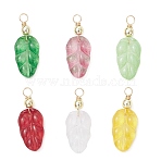 Gradient Color Baking Paint Glass Pendants, Leaf, with Golden Copper Wire, Mixed Color, 28x11x4.5mm, Hole: 3.2mm(PALLOY-JF04068-01-S)