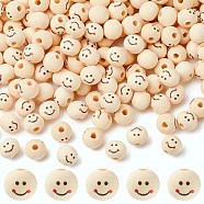 Printed Wood Beads, Round with Smiling Face Pattern, Undyed, Bisque, 12x11mm, Hole: 2.9mm, about 1000pcs/500g(WOOD-C001-02A)