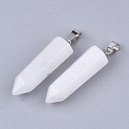 Natural White Jade Point Pendants, with Platinum Tone Brass Findings, Bullet, 35~37x10~11x9~10mm, Hole: 6~7x2.5~4mm(G-R220-34R)
