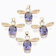 Glass Pendants, with Micro Pave Cubic Zirconia and Brass Open Back Settings, Faceted, Light Gold, Bee, Mauve, 17x23x6mm, Hole: 2mm(GLAA-T021-06D)