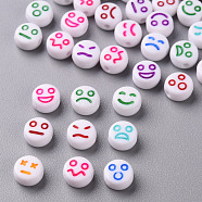 White Opaque Acrylic Beads, Flat Round with Expression, Mixed Color, 7x4mm, Hole: 1.6mm(X-MACR-N008-42-A)