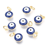 Brass Enamel Beads, Real 18K Gold Plated,Long-Lasting Plated, with Jump Ring, Flat Round with Evil Eye, Slate Blue, 9.5x6.5x4.5mm, Hole: 2.5mm(X-KK-B024-02G-E)