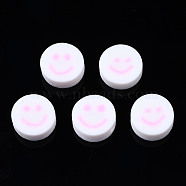 Handmade Polymer Clay Beads, for DIY Jewelry Crafts Supplies, Flat Round with Smiling Face, Pearl Pink, 10x4~4.5mm, Hole: 1.8mm(X-CLAY-N008-040K)