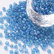 Round Glass Seed Beads, Transparent Colours Rainbow, Round, Aqua, 4mm(SEED-A007-4mm-163)