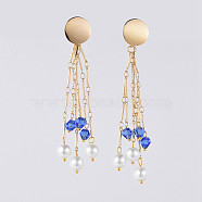 Long Tassel Earrings, Brass Dangle Stud Earrings, with Rhombus Glass, Glass Pearl Beads and Earring Backs/Ear Nuts, Golden, Blue, 92mm, Pin: 0.7mm(EJEW-JE03681-01)
