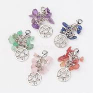 Natural Mixed Stone Chips Pendants, with Flat Round with Pentagram Pendants and Brass Lobster Claw Clasps, 46x17x8mm(HJEW-JM00260)